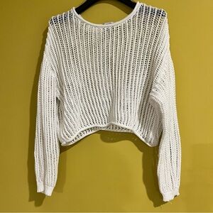 Women's Boho White Open-Knit Cropped Sweater Top-Beachy & Lightweight Sz Medium